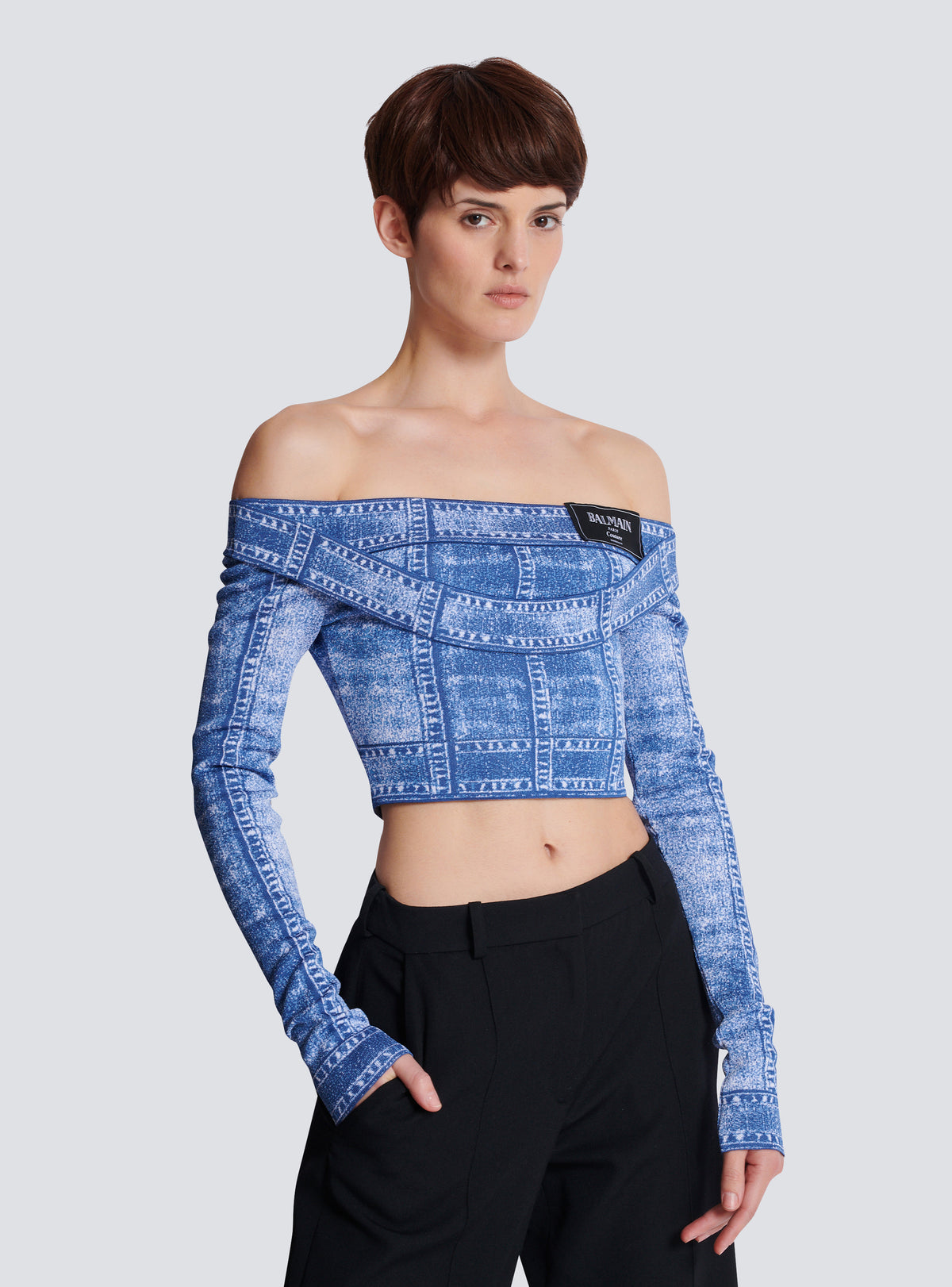 Top en denim trompe-l'œil, double col, manches longues - Bleu Jean