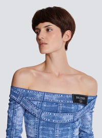 Top en denim trompe-l'œil, double col, manches longues - Bleu Jean