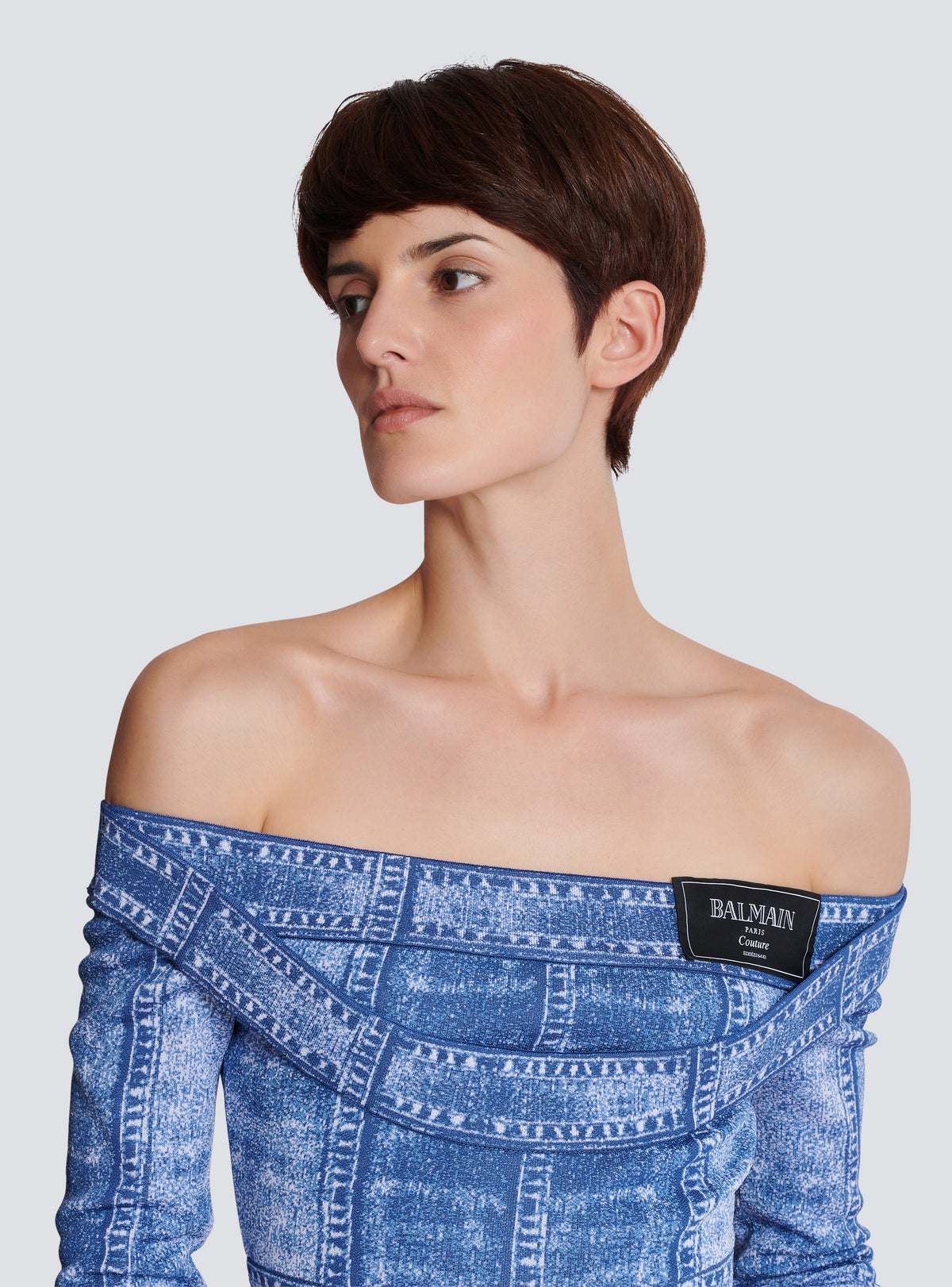 Top en denim trompe-l'œil, double col, manches longues - Bleu Jean