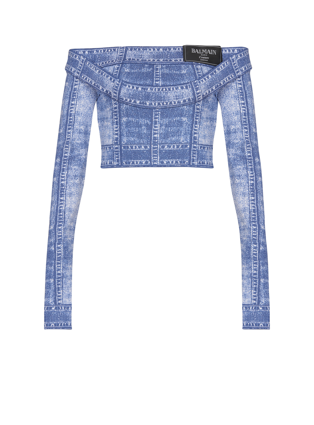 Top en denim trompe-l'œil, double col, manches longues - Bleu Jean