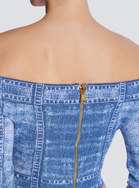 Top en denim trompe-l'œil, double col, manches longues - Bleu Jean