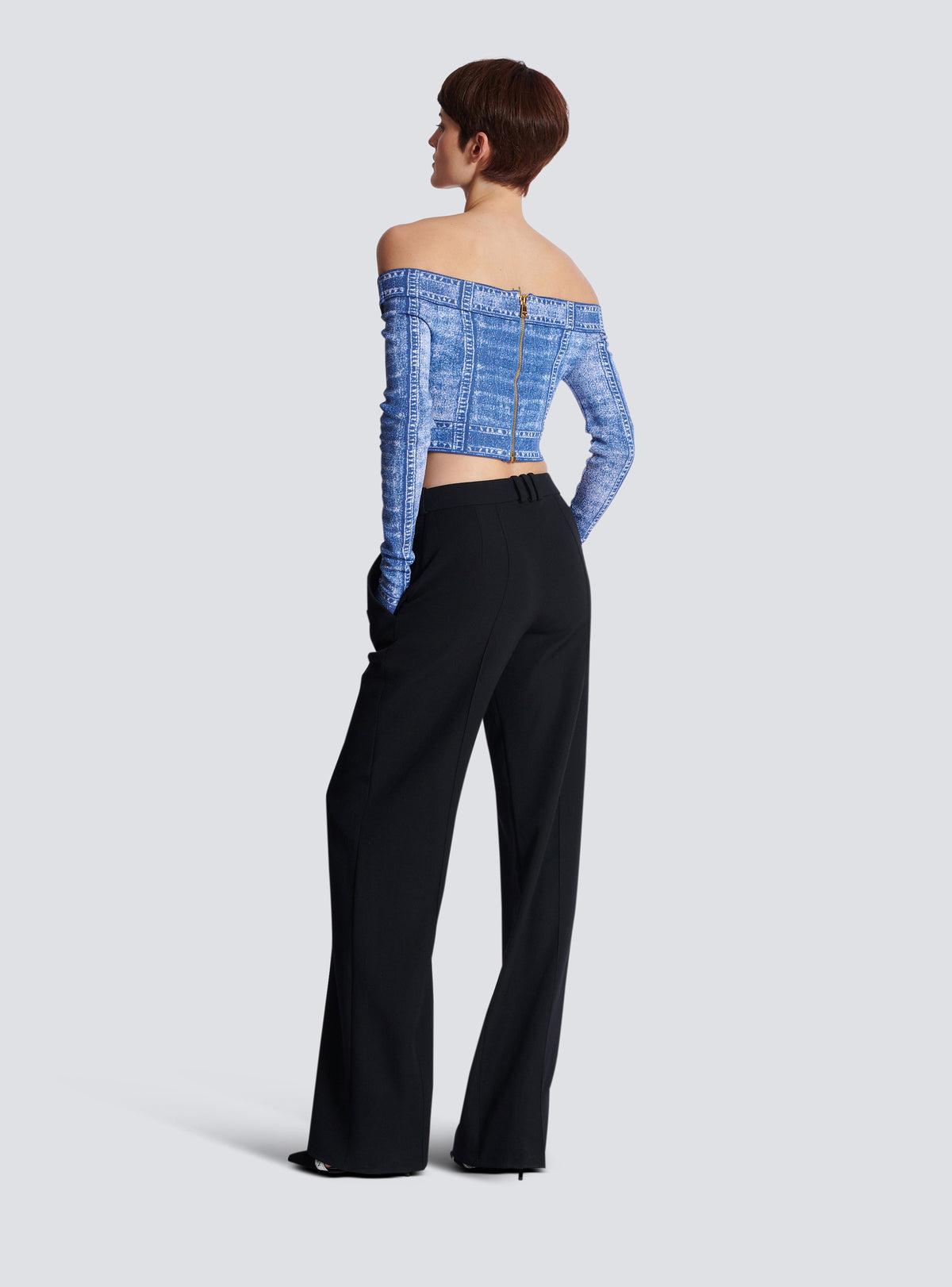 Top en denim trompe-l'œil, double col, manches longues - Bleu Jean