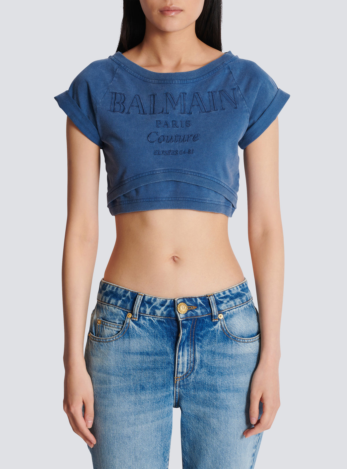 T-shirt court brodé balmain couture - Bleu & Bleu