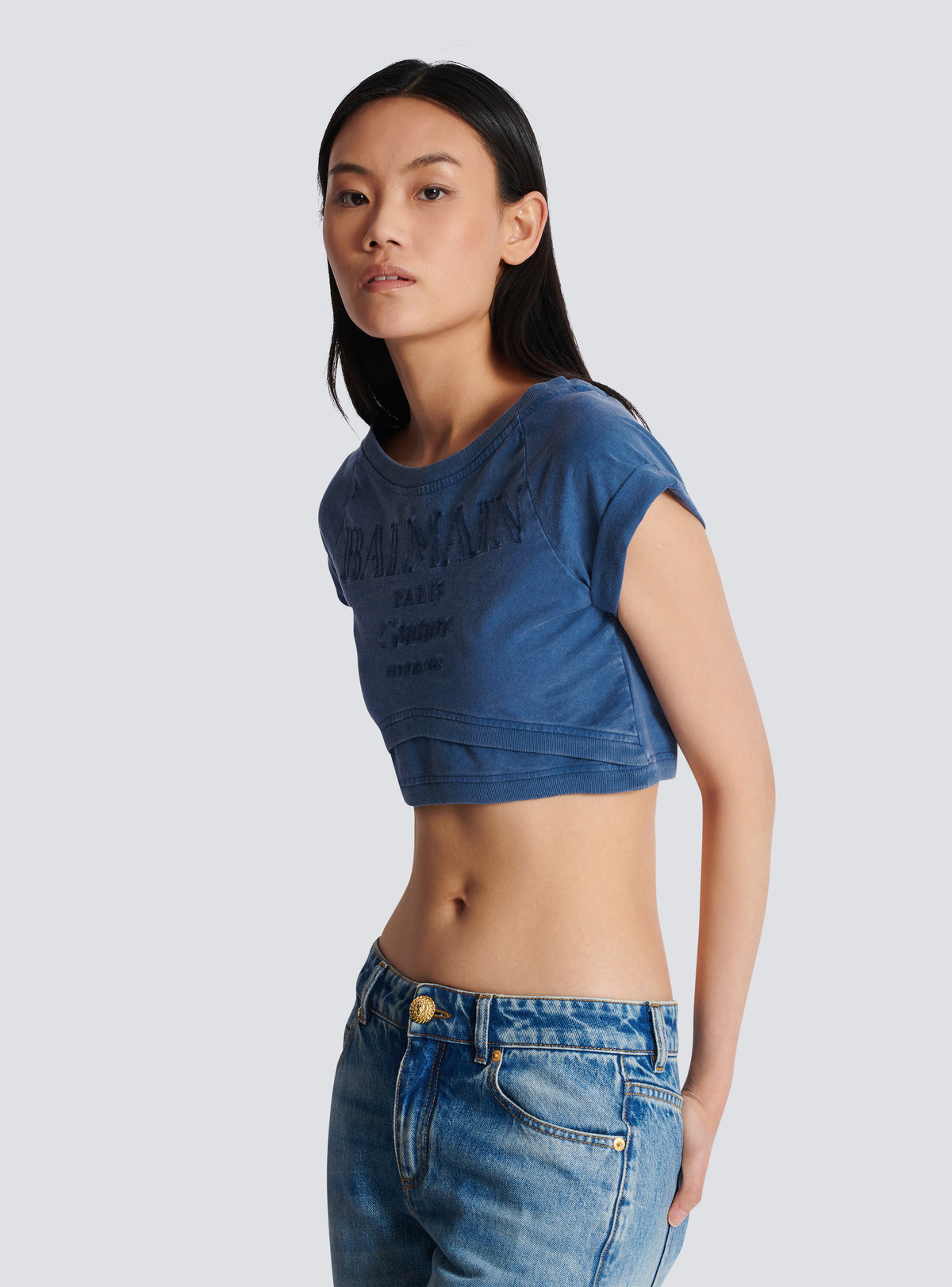 T-shirt court brodé balmain couture - Bleu & Bleu