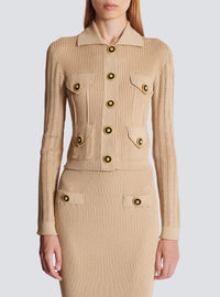 Cardigan court en maille côtelée et ajourée - Nude