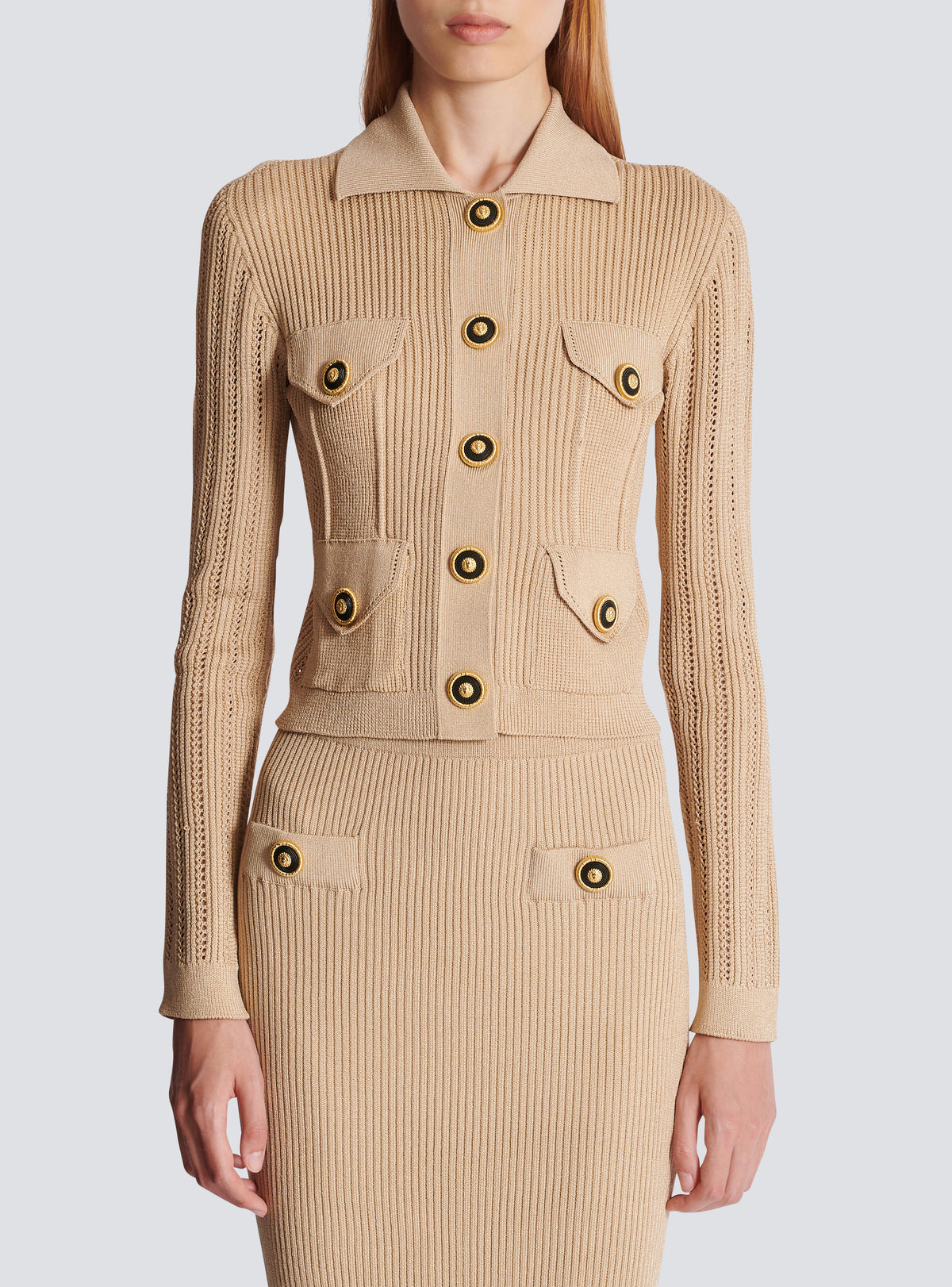 Cardigan court en maille côtelée et ajourée - Nude