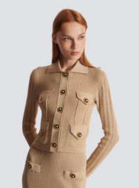 Cardigan court en maille côtelée et ajourée - Nude