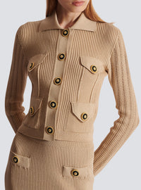 Cardigan court en maille côtelée et ajourée - Nude