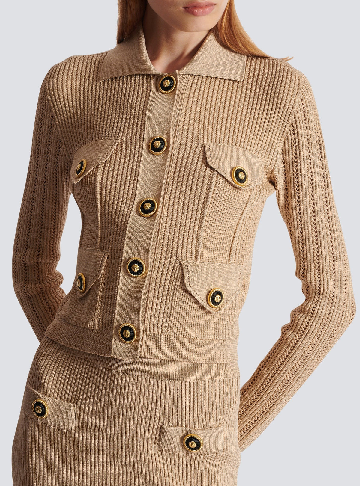 Cardigan court en maille côtelée et ajourée - Nude