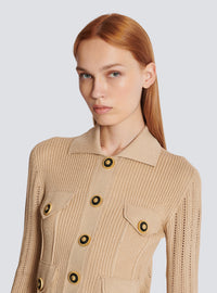Cardigan court en maille côtelée et ajourée - Nude