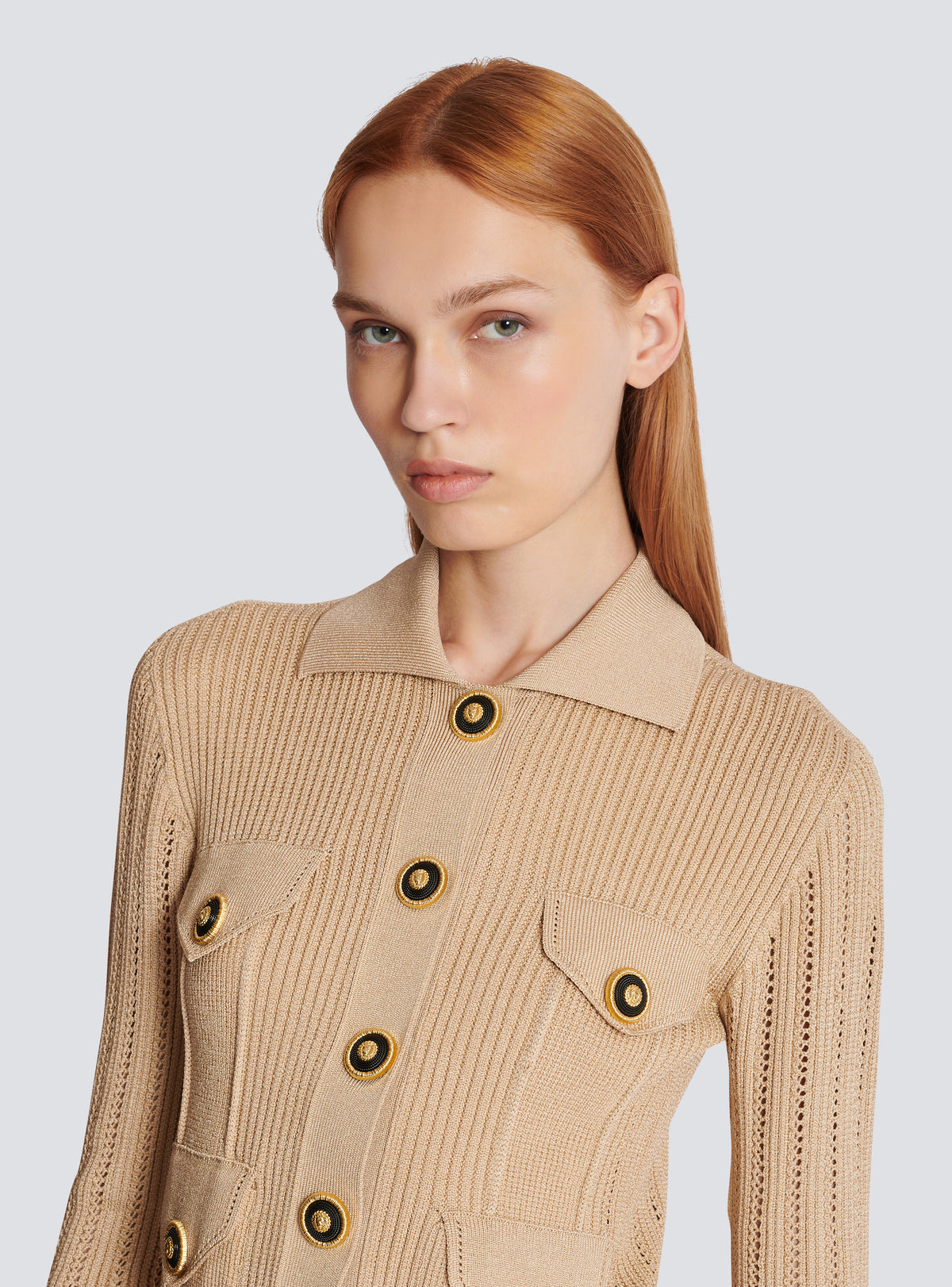 Cardigan court en maille côtelée et ajourée - Nude