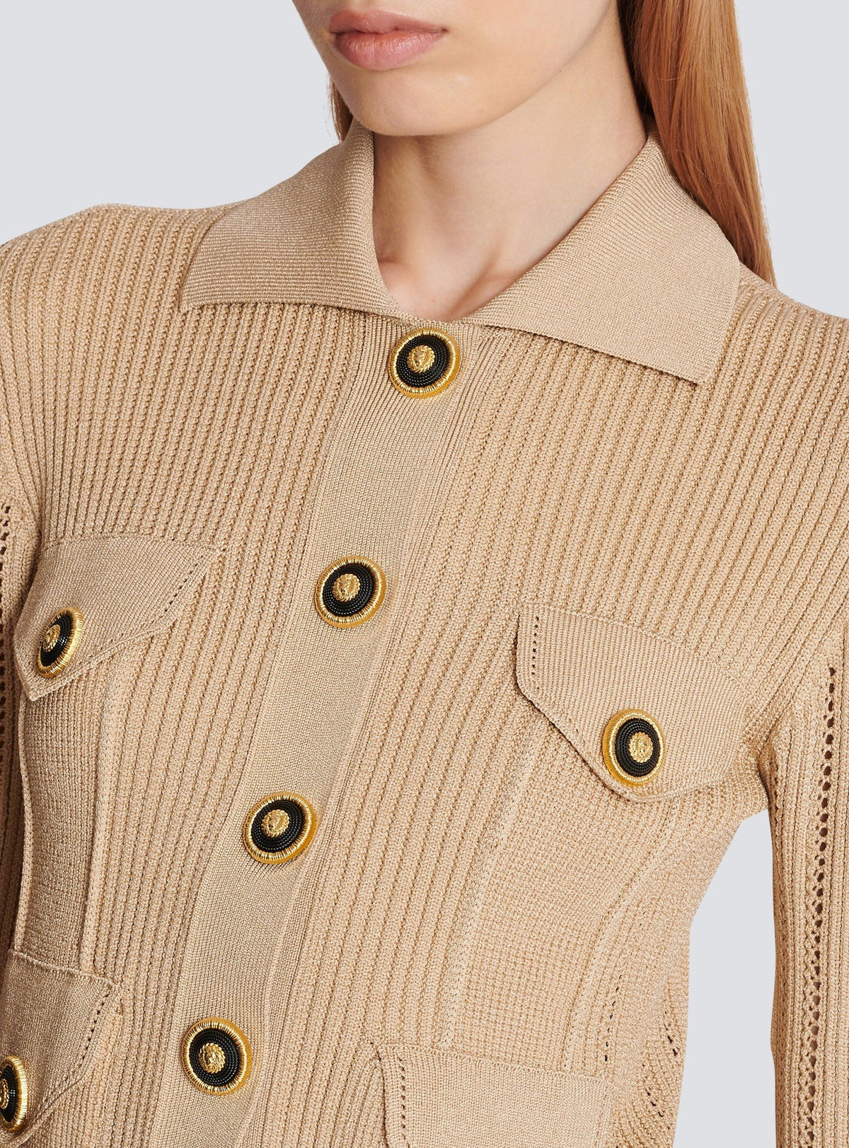 Cardigan court en maille côtelée et ajourée - Nude