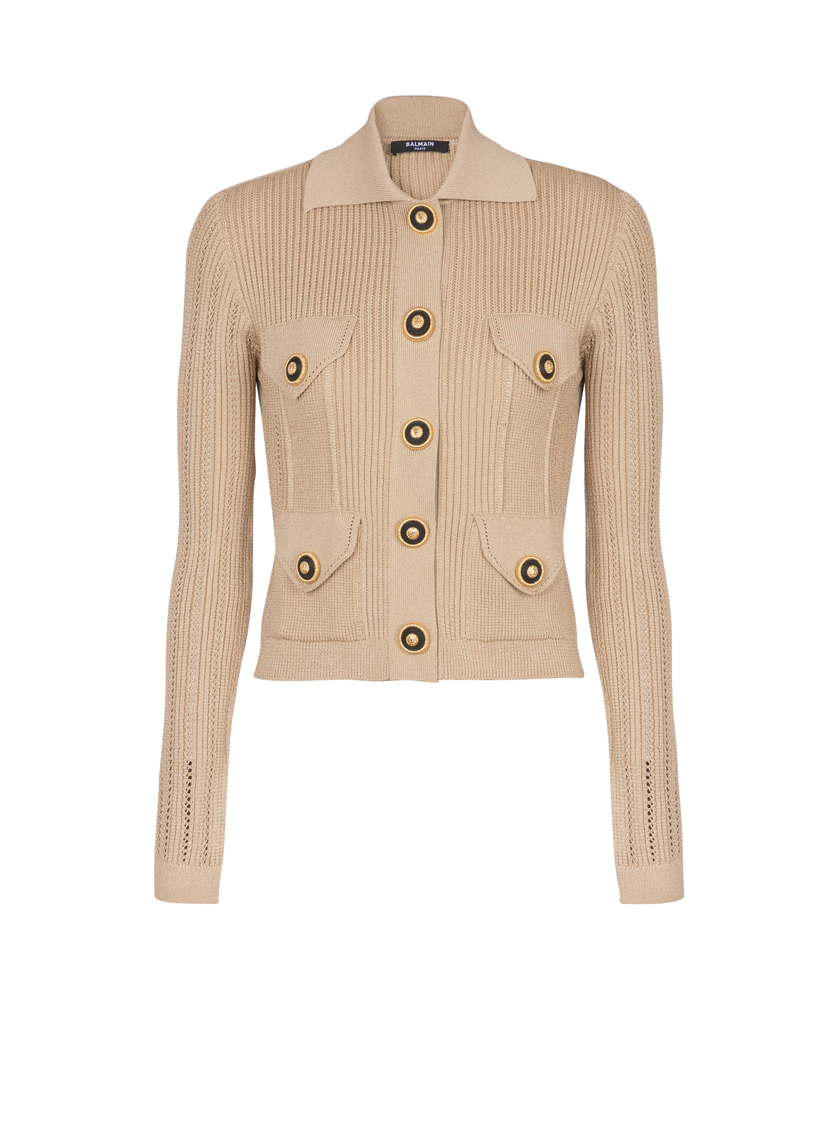 Cardigan court en maille côtelée et ajourée - Nude