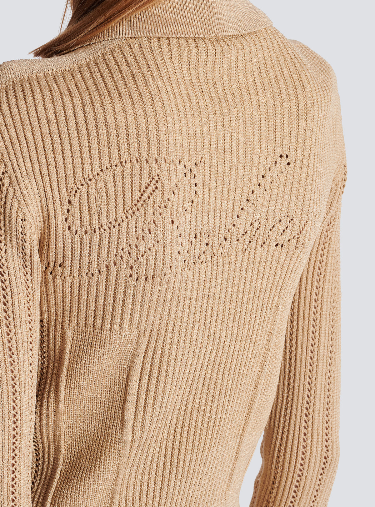 Cardigan court en maille côtelée et ajourée - Nude