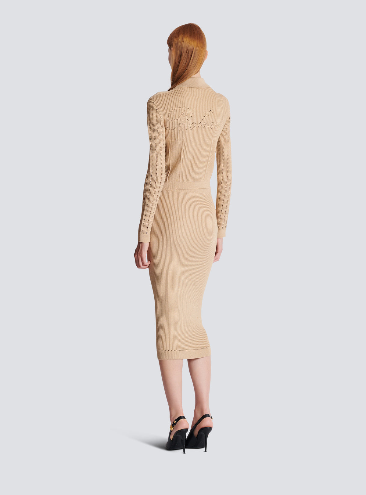 Cardigan court en maille côtelée et ajourée - Nude