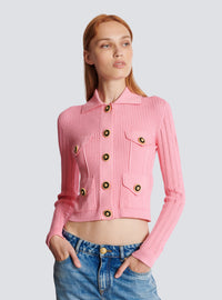 Cardigan court en maille côtelée et ajourée - Rose