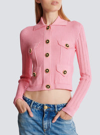 Short cardigan in ribbed openwork knit - Pink