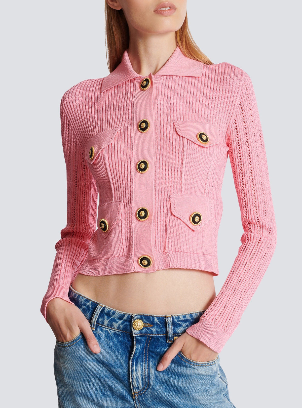 Short cardigan in ribbed openwork knit - Pink