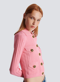 Cardigan court en maille côtelée et ajourée - Rose