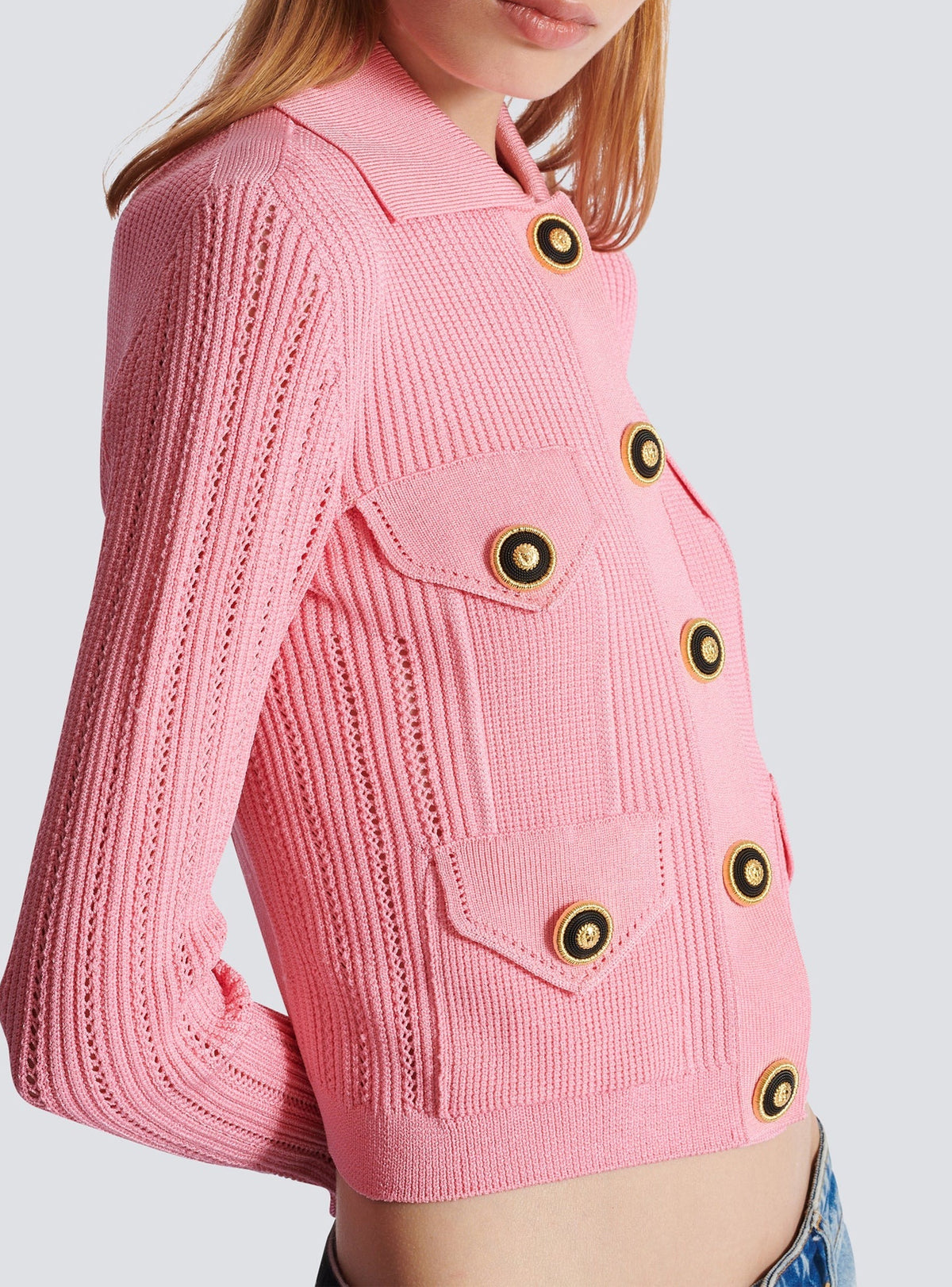 Short cardigan in ribbed openwork knit - Pink