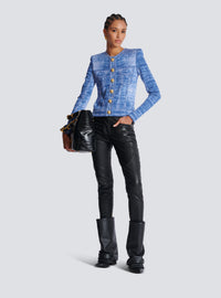 Cardigan en maille jacquard avec trompe-l'œil denim - Bleu Jean