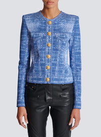 Cardigan en maille jacquard avec trompe-l'œil denim - Bleu Jean