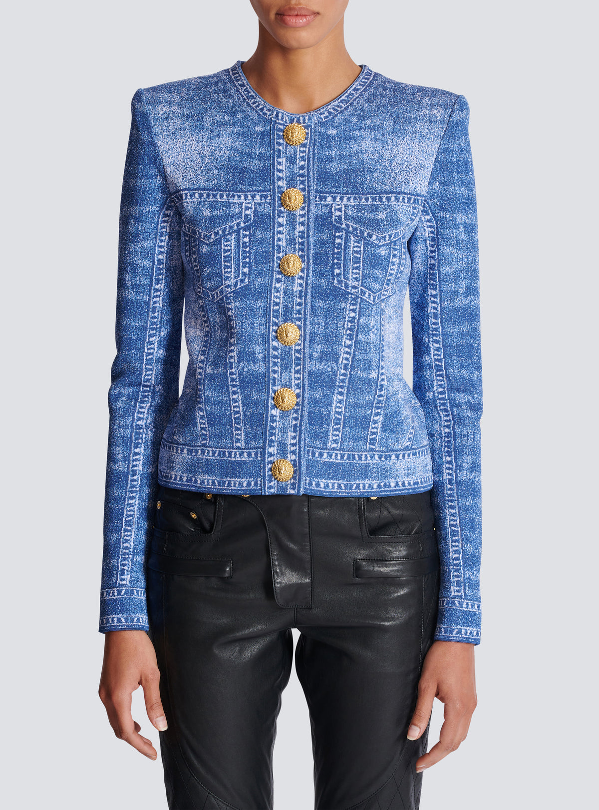 Cardigan en maille jacquard avec trompe-l'œil denim - Bleu Jean