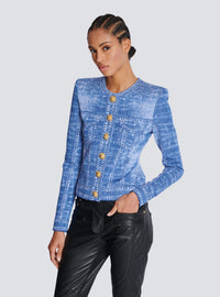 Cardigan en maille jacquard avec trompe-l'œil denim - Bleu Jean
