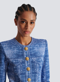 Cardigan en maille jacquard avec trompe-l'œil denim - Bleu Jean