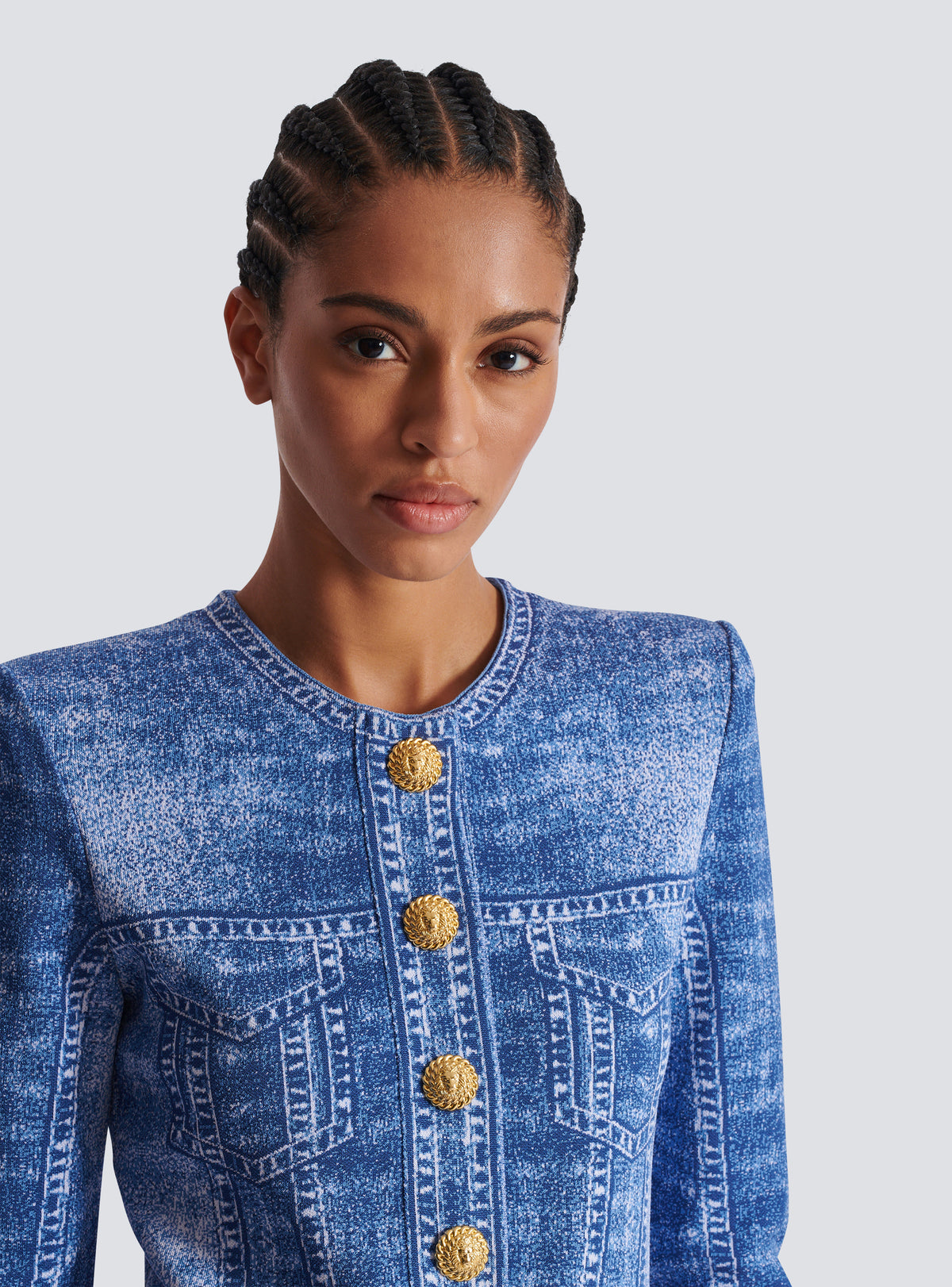 Cardigan en maille jacquard avec trompe-l'œil denim - Bleu Jean