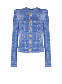 Cardigan en maille jacquard avec trompe-l'œil denim - Bleu Jean