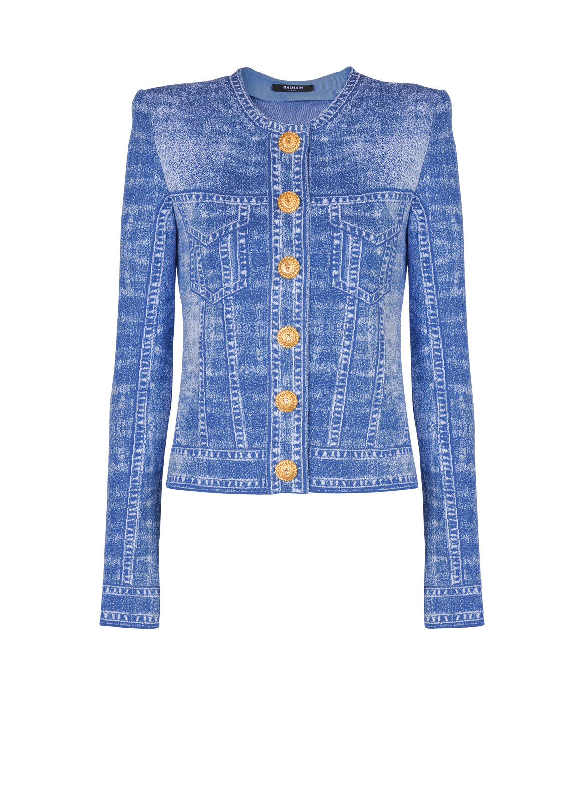 Cardigan en maille jacquard avec trompe-l'œil denim - Bleu Jean