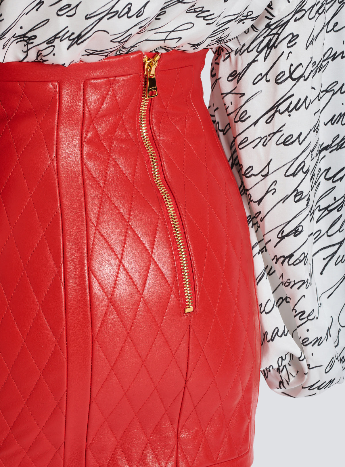 Jupe en cuir d'agneau surpiqué à motif diamond - Rouge