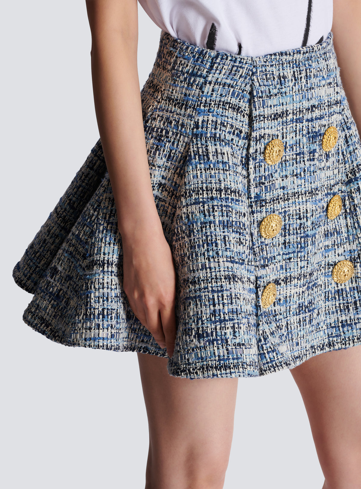 Jupe évasée à plis en tweed - Bleu Jean Clair