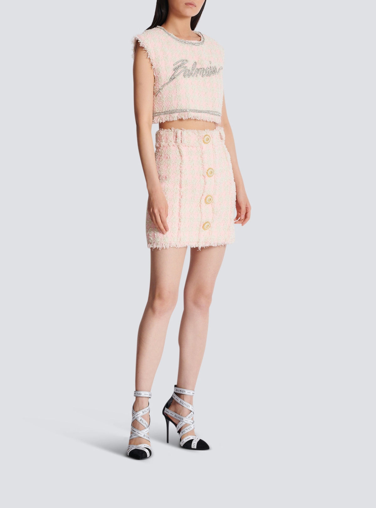 Jupe courte taille haute en tweed - Rose & Beige