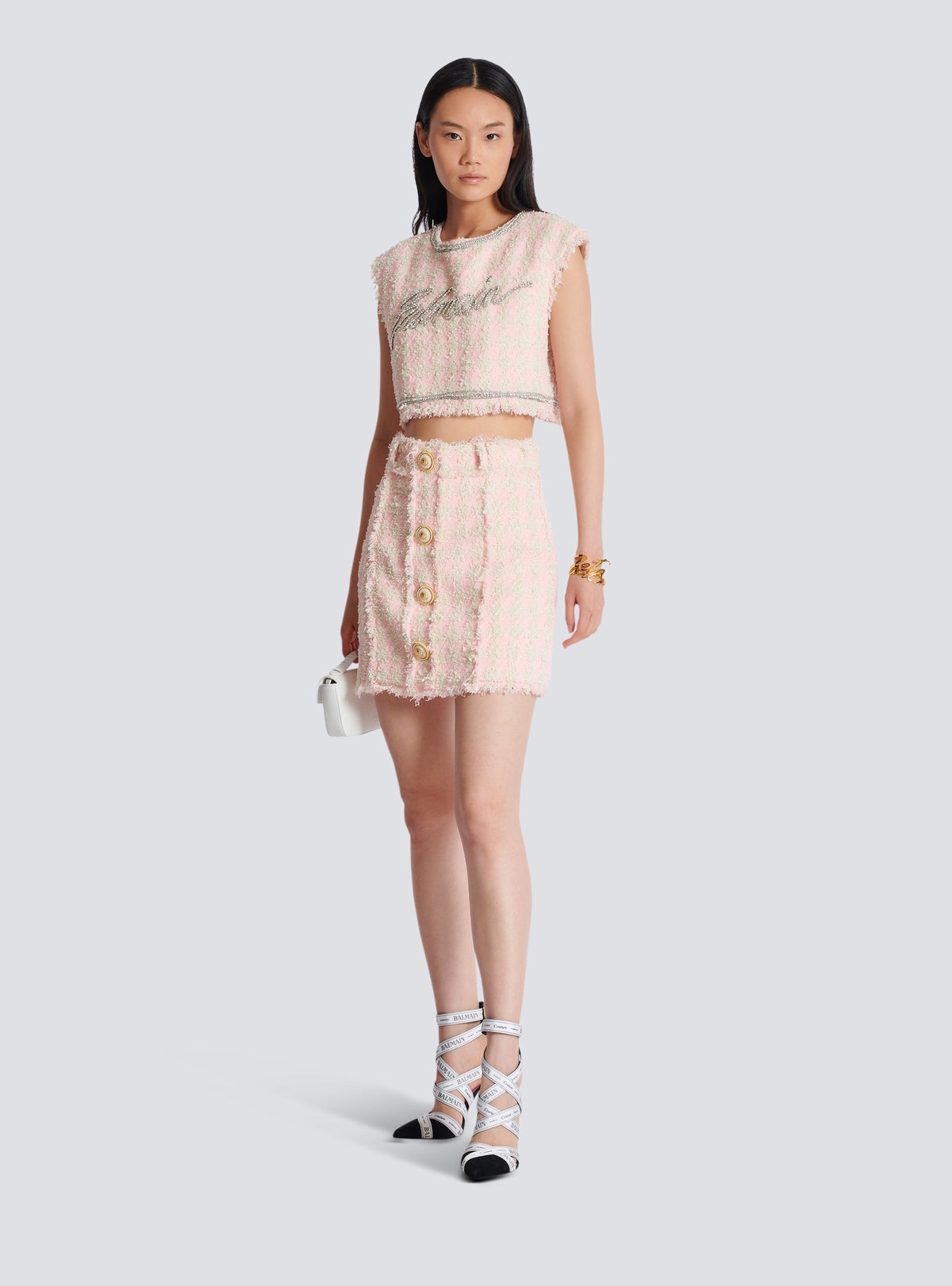 Mini-jupe taille haute en tweed boutonnée - Rose & Beige