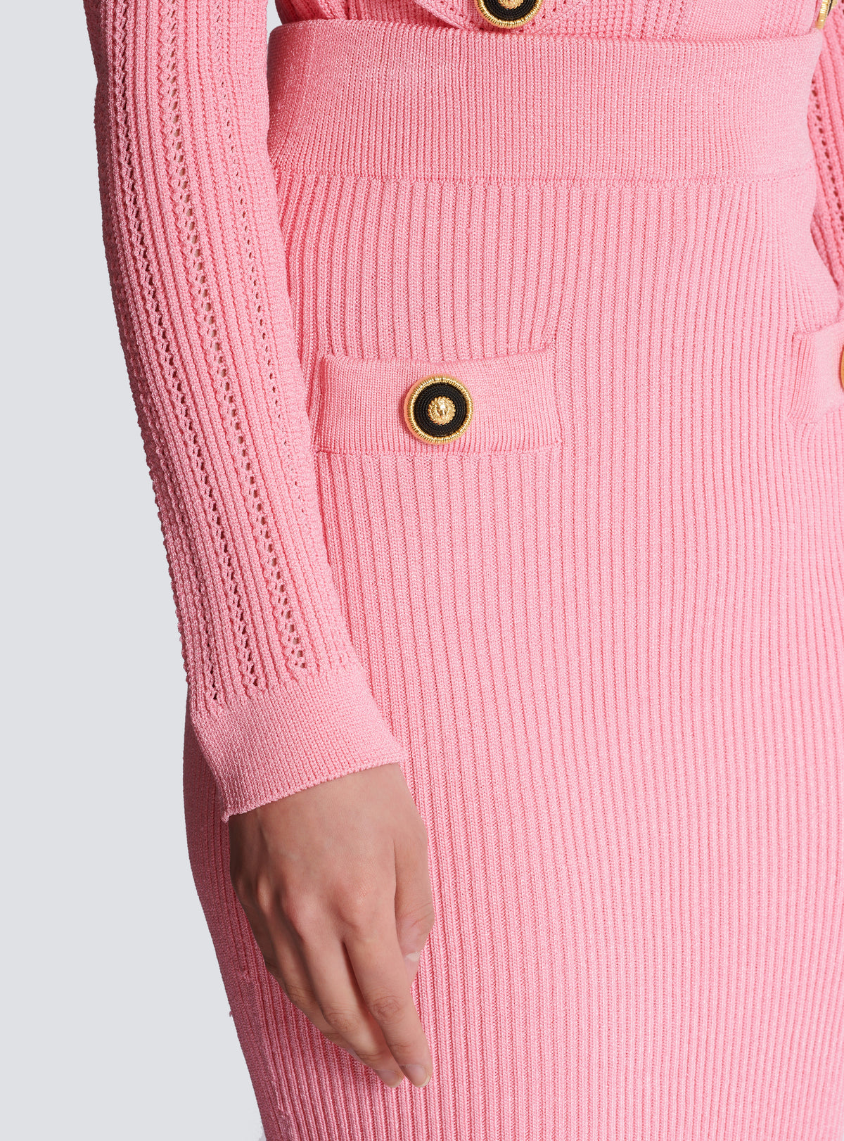 Jupe midi en maille côtelée unie - Rose