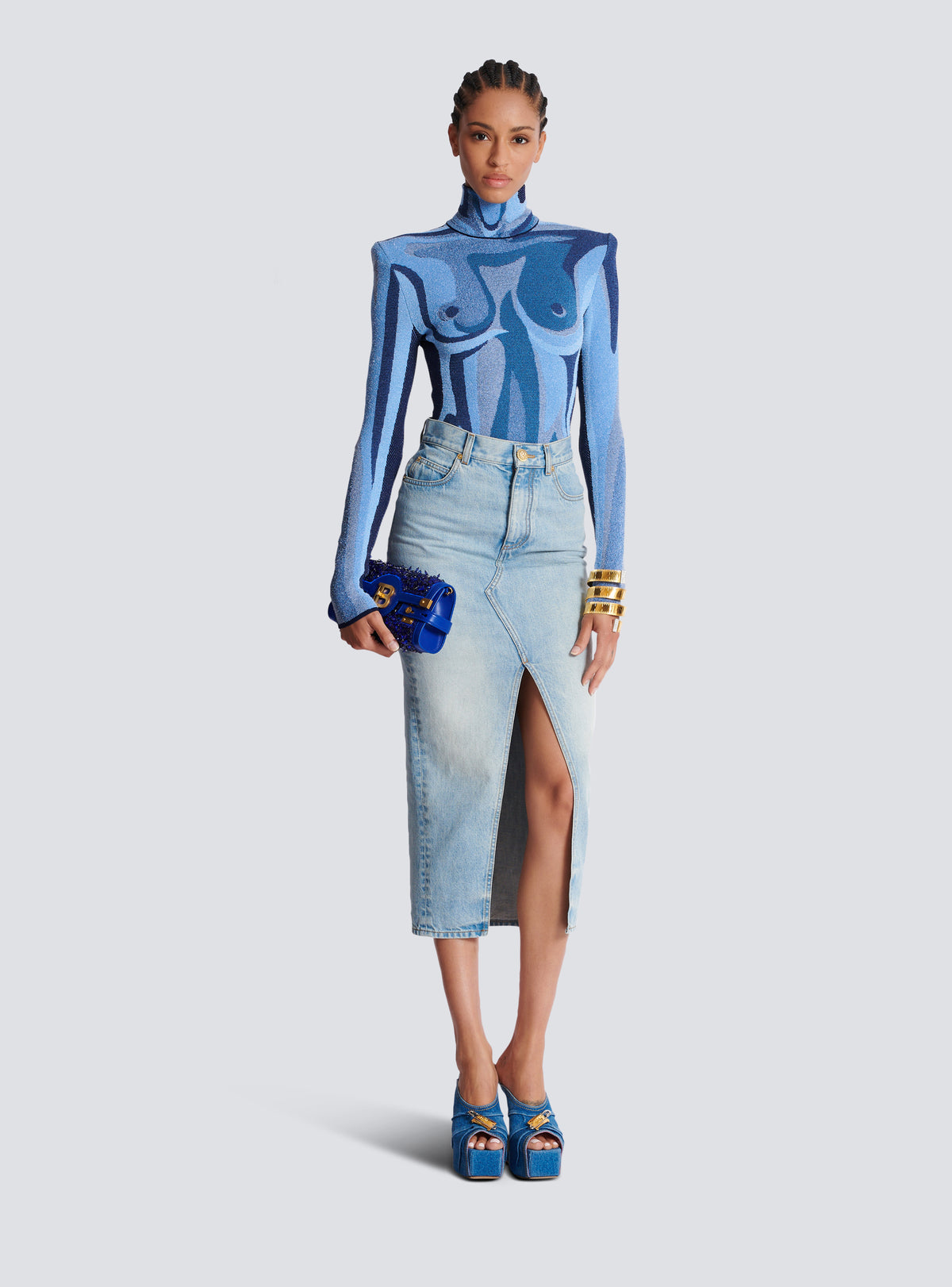 Jupe midi en denim - Bleu Jean Clair