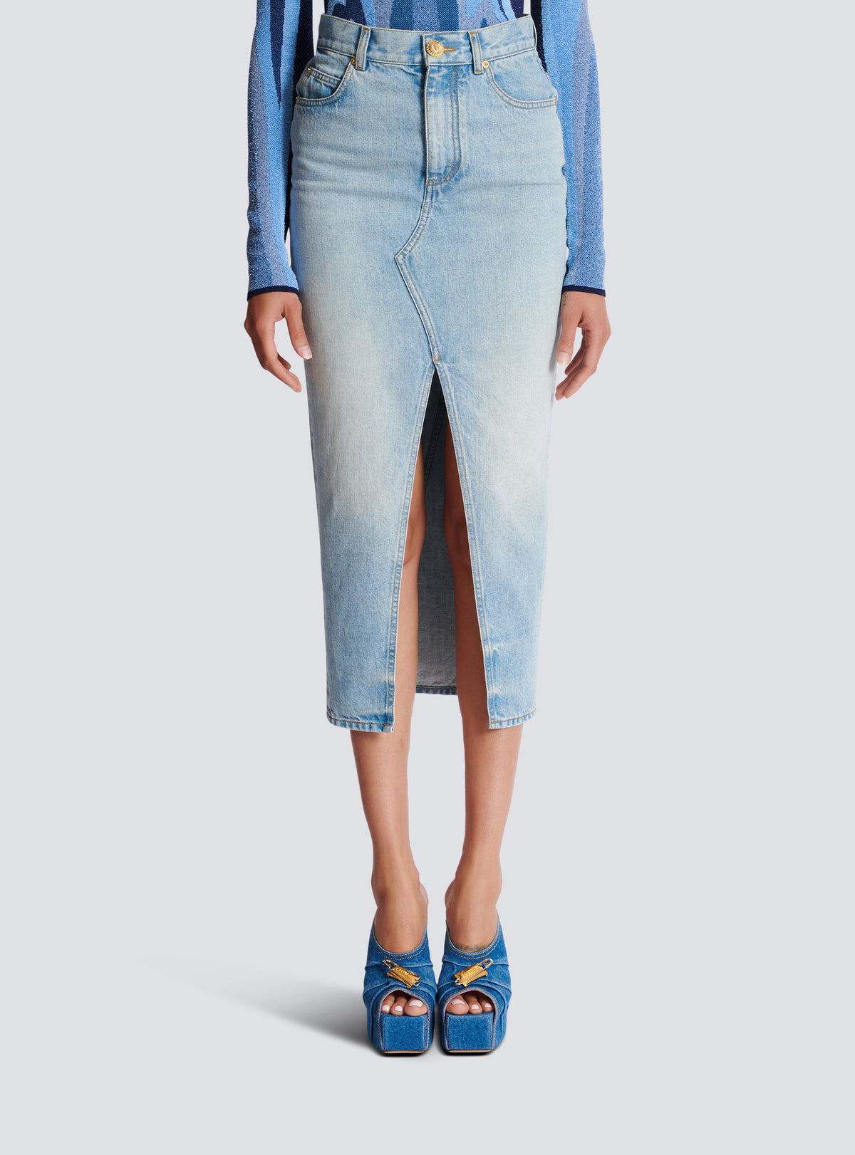 Jupe midi en denim - Bleu Jean Clair