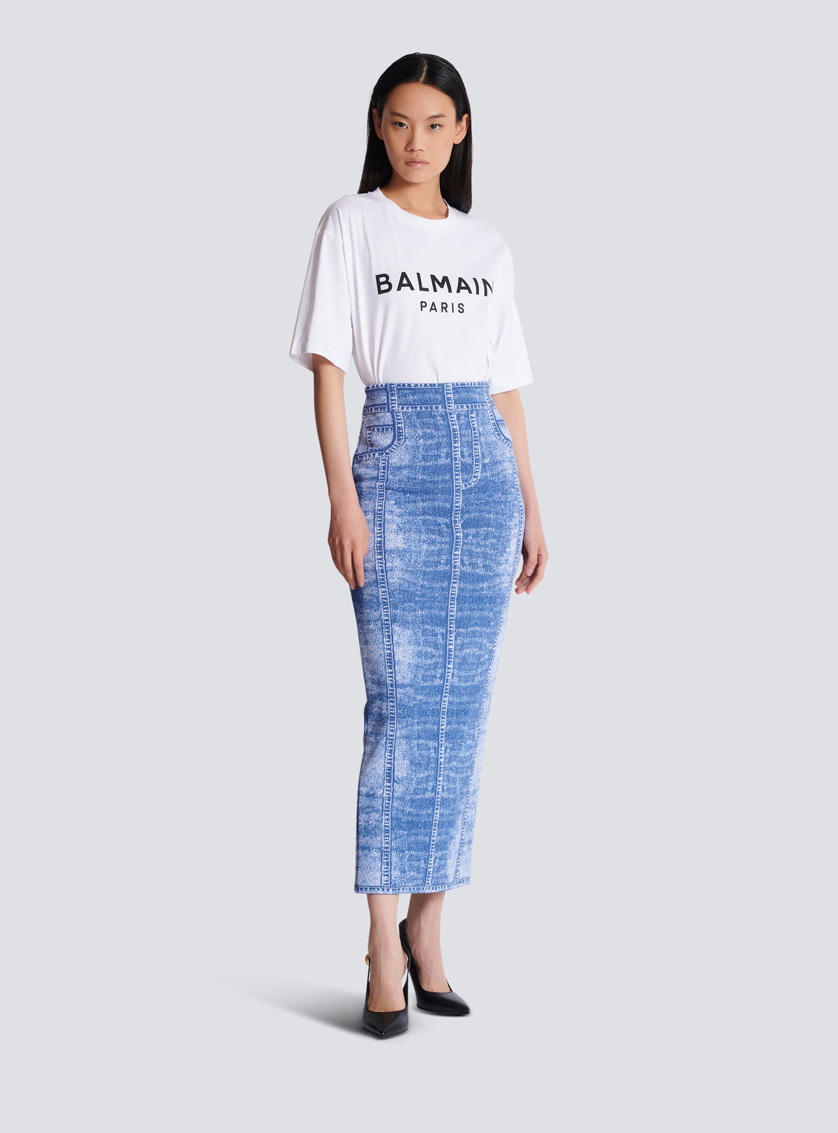 Jupe midi en maille jacquard avec trompe-l'œil denim - Bleu Jean