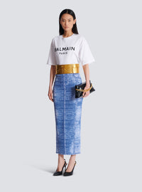Jupe midi en maille jacquard avec trompe-l'œil denim - Bleu Jean