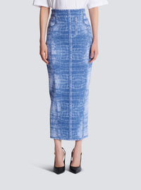 Jupe midi en maille jacquard avec trompe-l'œil denim - Bleu Jean