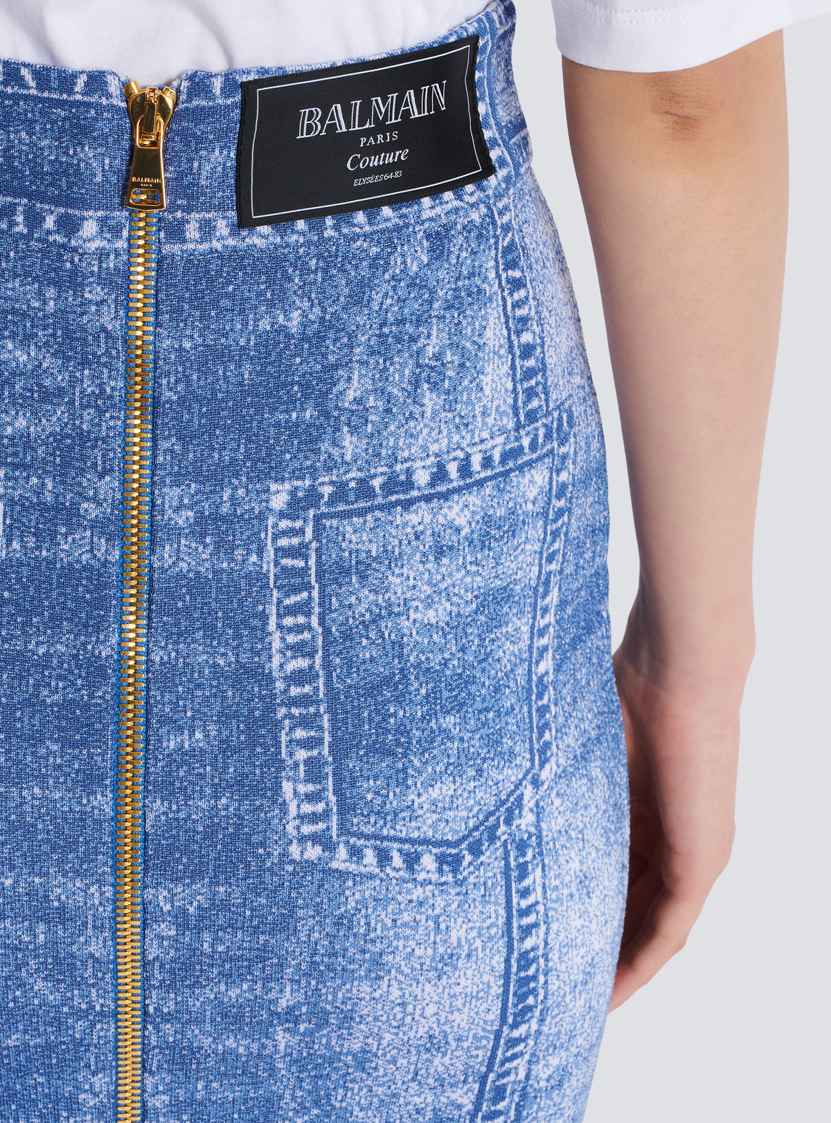 Jupe midi en maille jacquard avec trompe-l'œil denim - Bleu Jean