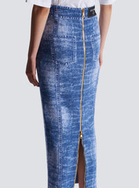 Jupe midi en maille jacquard avec trompe-l'œil denim - Bleu Jean