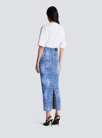 Jupe midi en maille jacquard avec trompe-l'œil denim - Bleu Jean