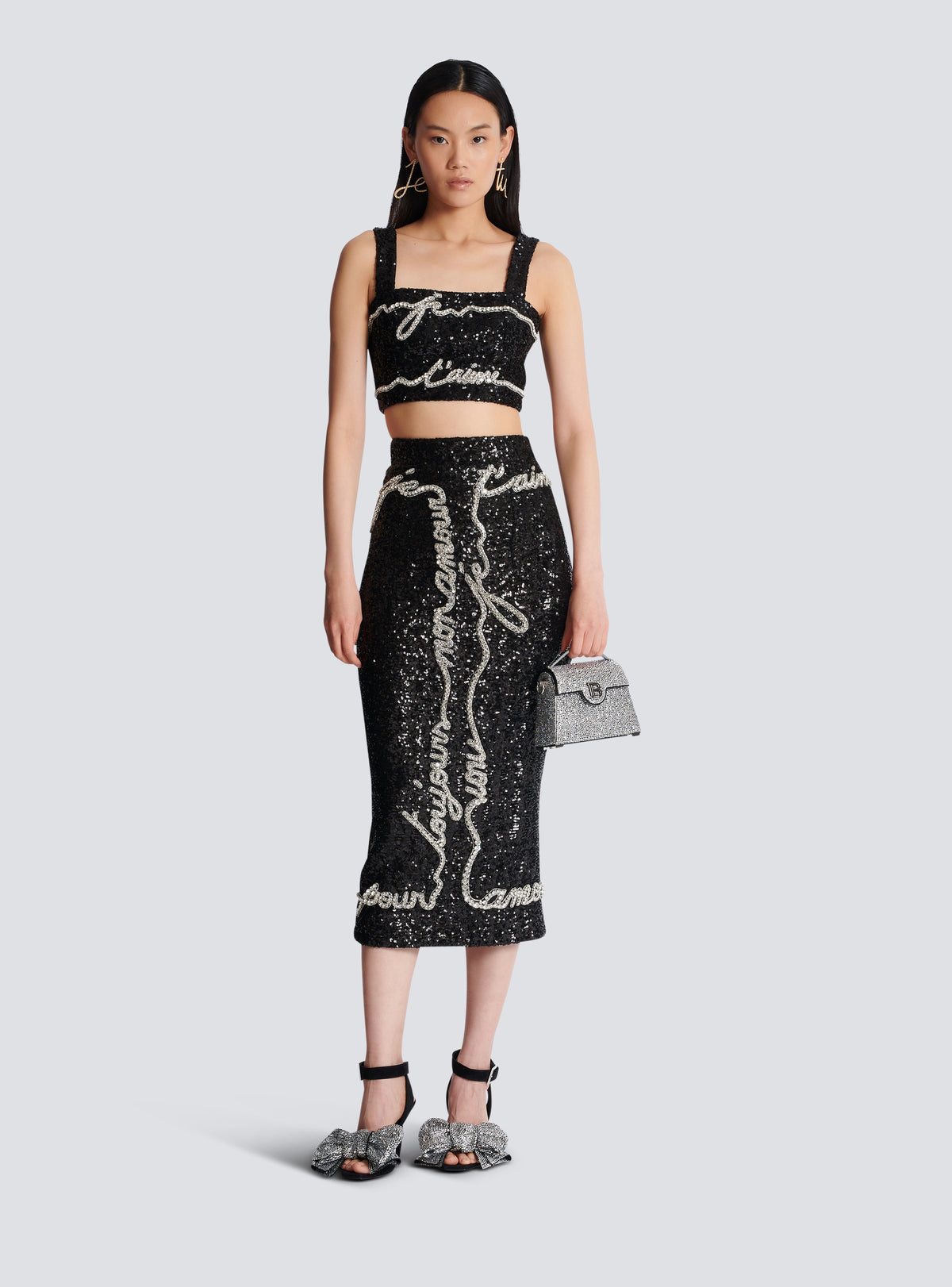 Jupe midi en sequins avec broderie « lettre d'amour » - Noir & Cristal