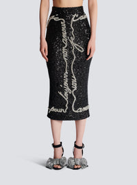 Jupe midi en sequins avec broderie « lettre d'amour » - Noir & Cristal