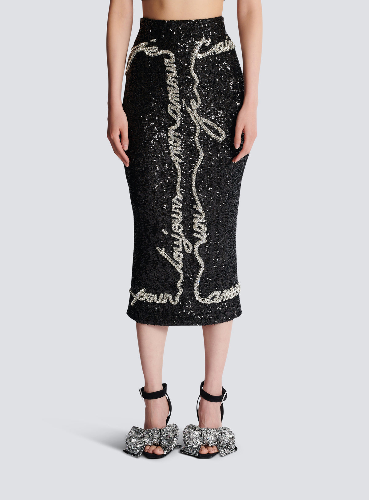 Jupe midi en sequins avec broderie « lettre d'amour » - Noir & Cristal
