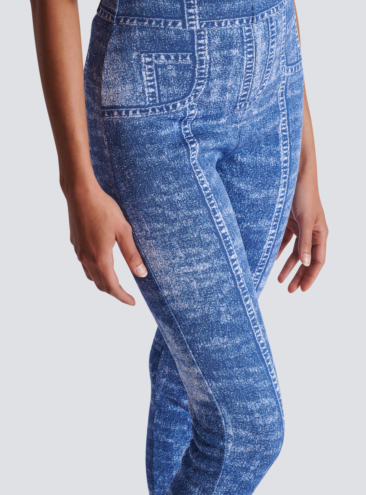 Legging en maille jacquard avec trompe-l'œil denim - Bleu Jean