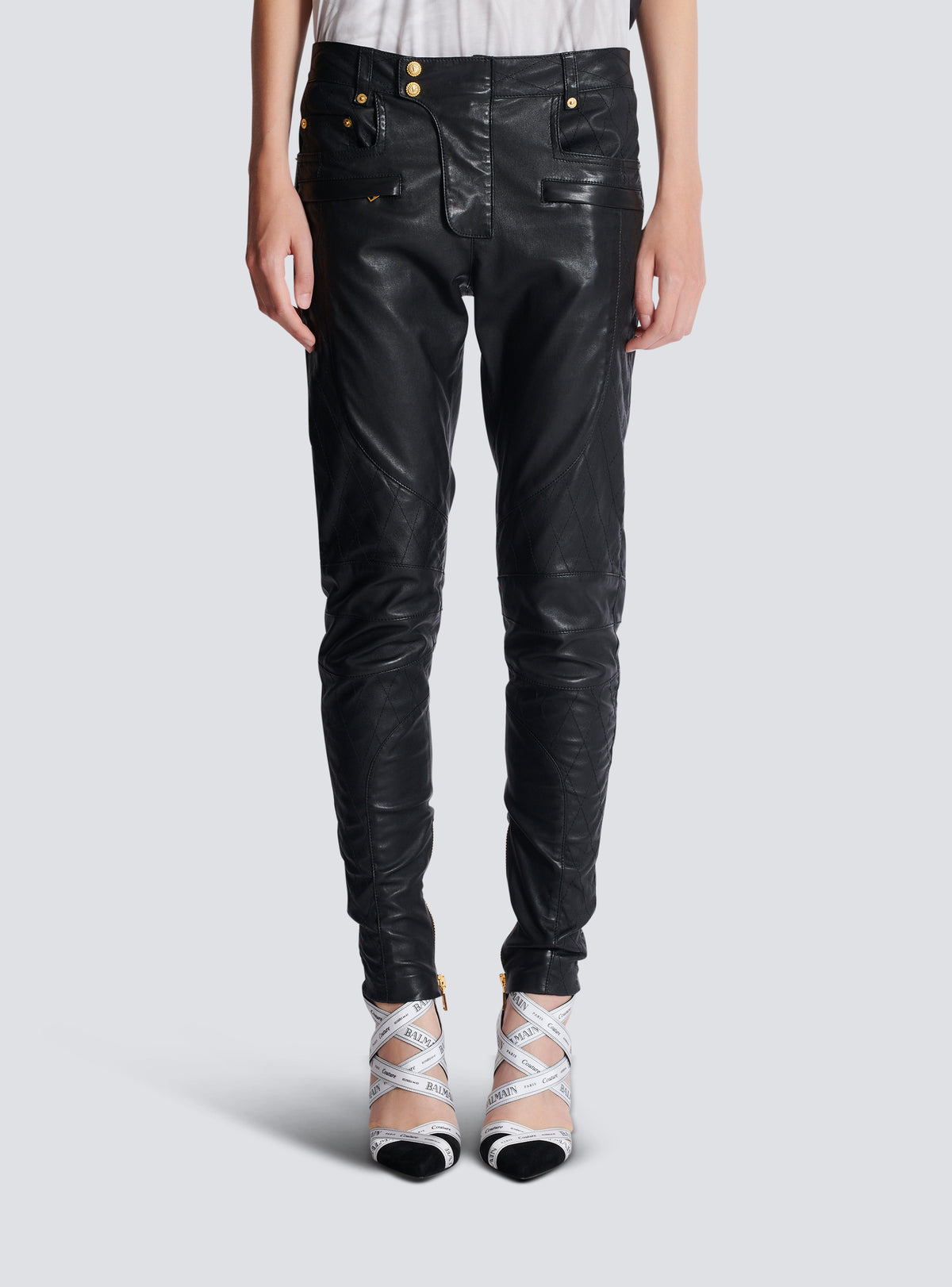 Pantalon en cuir d'agneau surpiqué à motif diamond - Noir